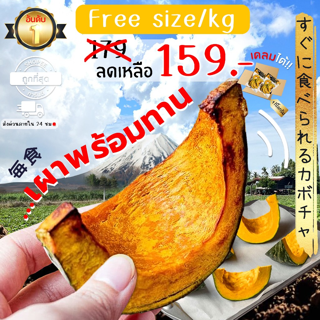 Oishi-Fresh ฟักทองญี่ปุ่นแท้ เผาพร้อมทาน เนื้อเหลือง หอม หวาน ละมุนลิ้น 1 กก.4-6 ชิ้น สินค้าเคลมได้