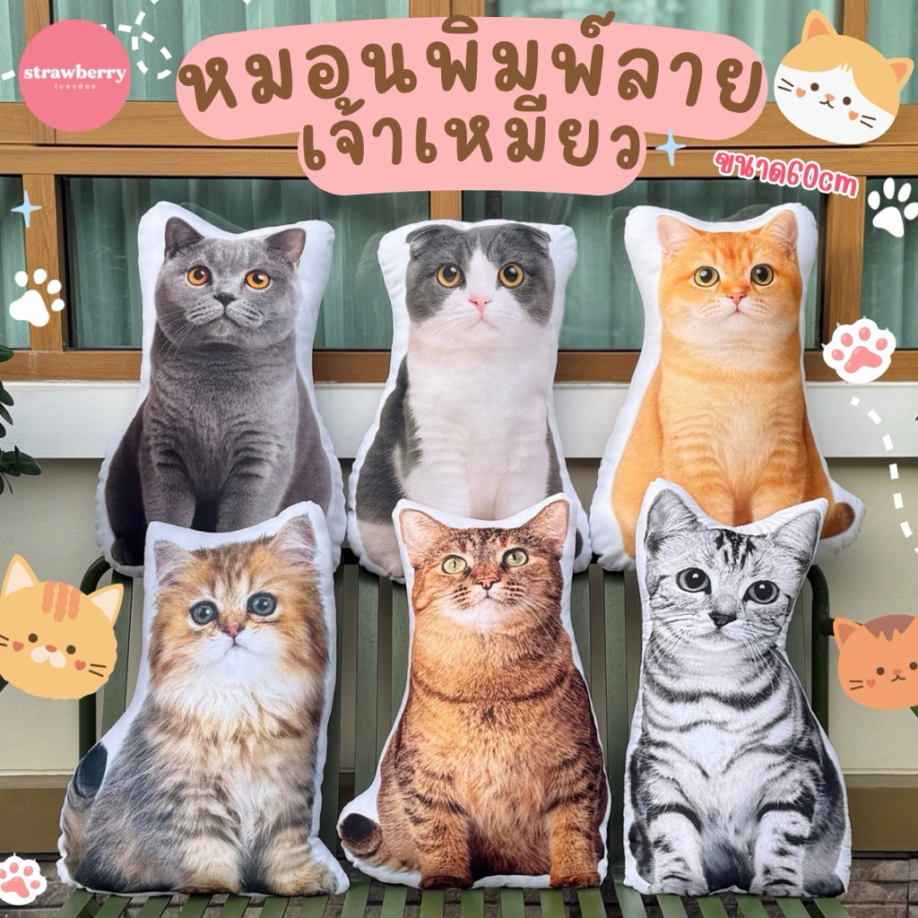หมอนแมว หมอนสัตว์เลี้ยง ไดคัทพิมพ์ลาย ขนาดใหญ่ 60cm ราคาถูก สีคมชัด ขนนุ่ม พร้อมส่ง มีเก็บปลายทาง