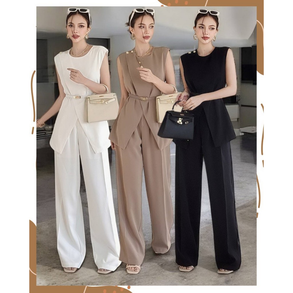 #CottonCandy #New Hiso Korea Set #ชุดเซตขายาว  ดีเทลแต่งกระดุมทอง​ แถมเข็มขัดสุดเก๋ *ฟรีไซส์ใส่สวยมาก