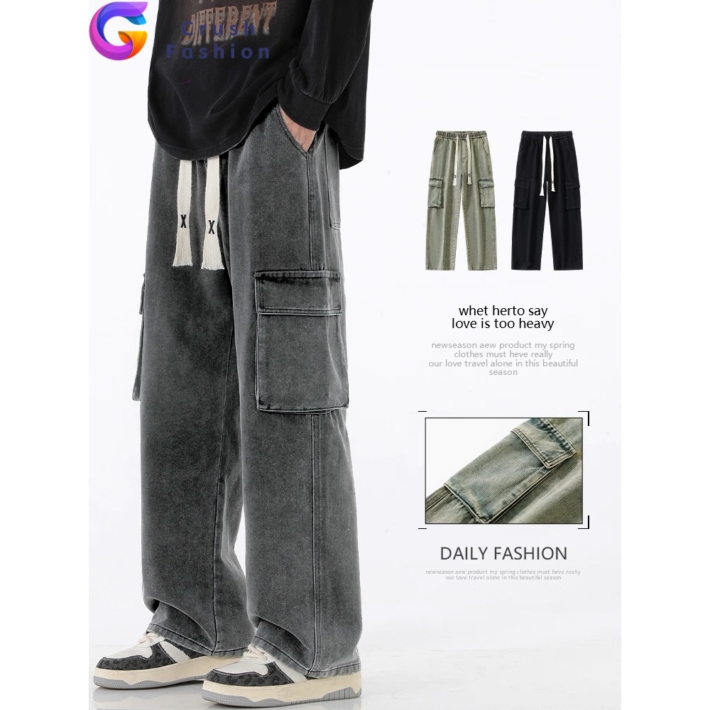 Fancy Fashion กางเกงทํางานทรงตรงผู้ชายหลวมสีทึบกางเกงลําลองกันลม