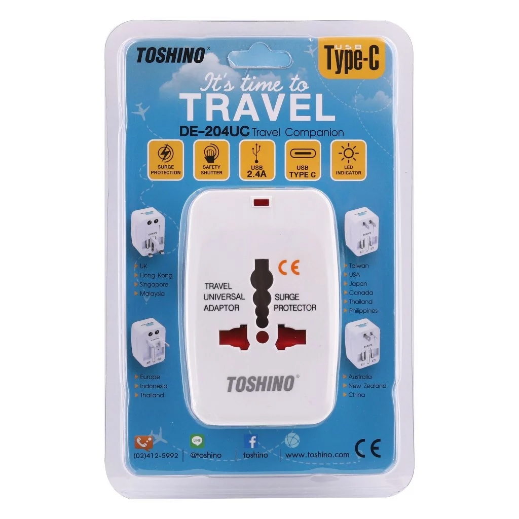 Toshino Universal Travel Adapter ปลั๊กแปลงใช้ต่างประเทศ 4 in 1+Surge+2A1C 5V2.4A รุ่น DE-204UC