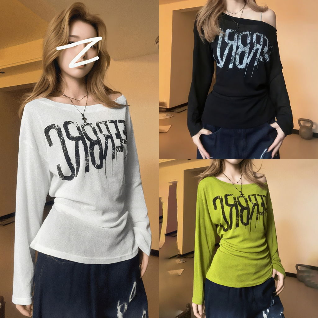 เสื้อยืดผู้หญิง เสื้อเปิดไหล่ ทั้งหมด6สี สไตล์อเมริกา ดูเอวผอม สไตล์ออลแมทช์ #020402