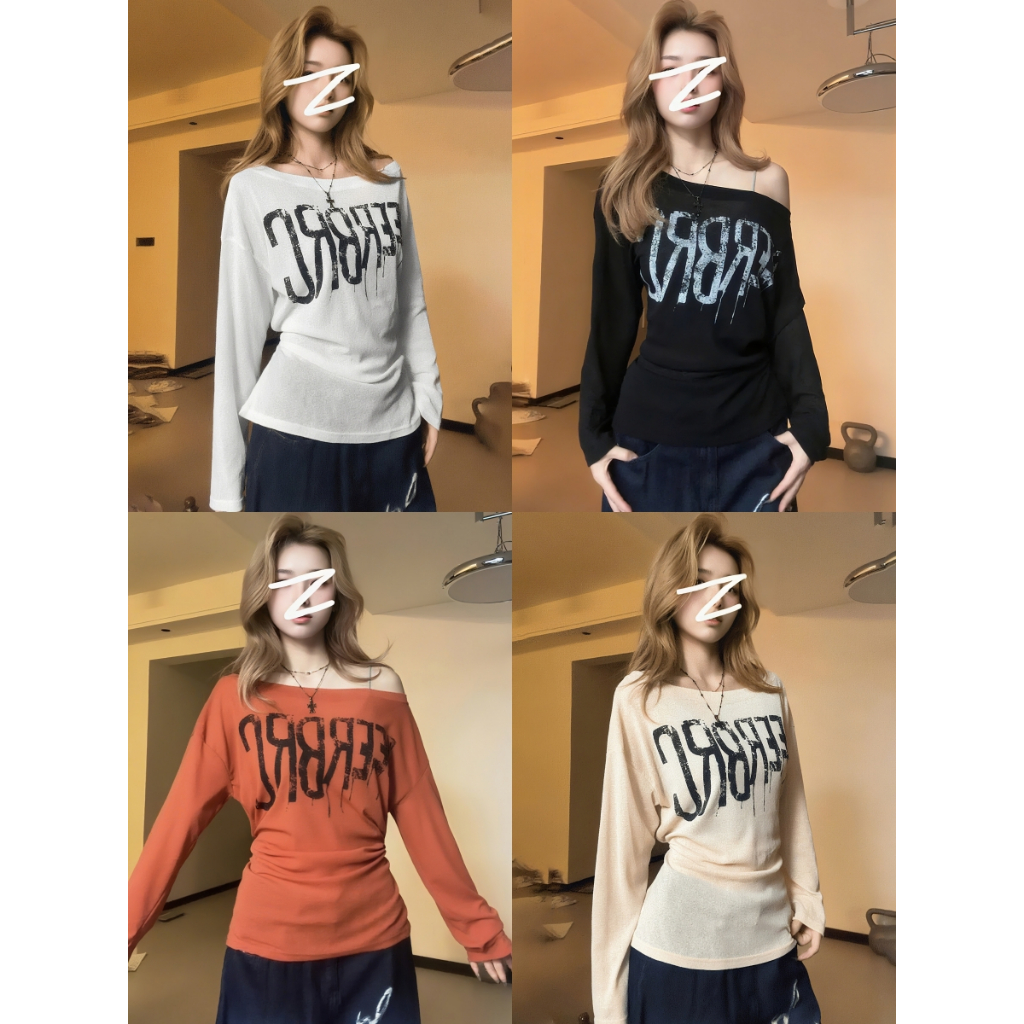 เสื้อยืดแขนยาว เสื้อยืดผู้หญิง ปาดไหล่ ดูเอวผอม ทั้งหมด6สี สไตล์ออลแมทช์ #22402