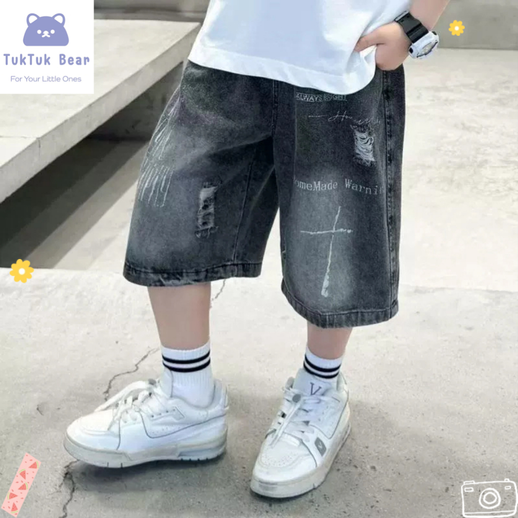 กางเกงยีนส์ขาสั้นเด็ก สไตล์เกาหลี เอวยืดสบาย ทรงหลวม ลายขาดเท่