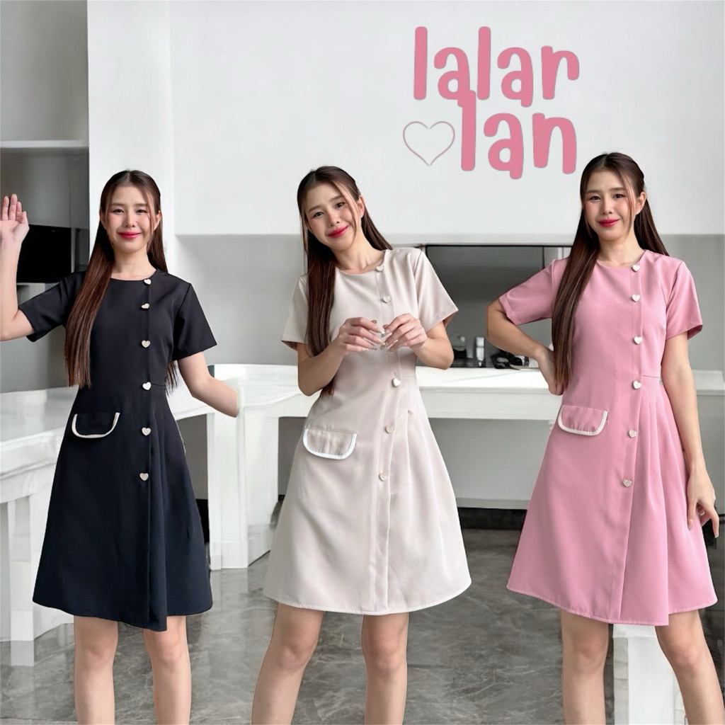 c90 BUTTON HEART Dress เดรสแขนสั้นติดกระดุมหัวใจ