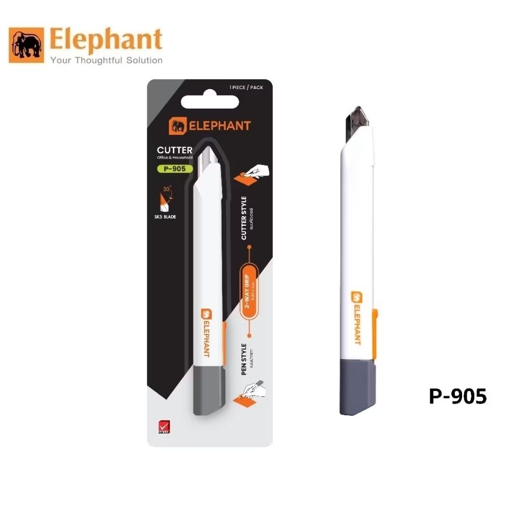 Elephant คัตเตอร์ 30° ขนาด 9 มม. รุ่น P-905 ระบบล็อคอัตโนมัติ สามารถจับได้ทั้งแบบปากกาและคัตเตอร์ ใช้งานง่าย จับถนัดมือ