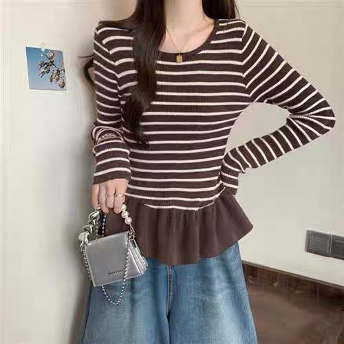 (พร้อมส่งที่ไทย#82039)เสื้อไหมพรมแขนยาวผู้หญิง ลายทาง คอกลม เนื้อผ้านิ่ม - รูปที่ 4