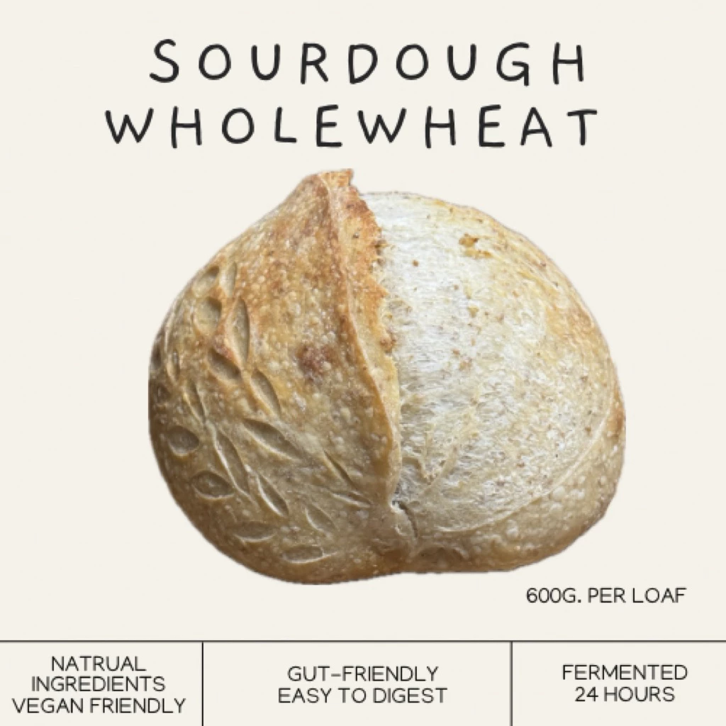 ขนมปังซาวโดว์โฮลวีท Sourdough Whole Wheat 🌾 ≈ 600grams/loaf ยีสต์ธรรมชาติ 100% แป้งขนมปังไม่ฟอกสีผสมแป้งโฮลวีทแบบหยาบ
