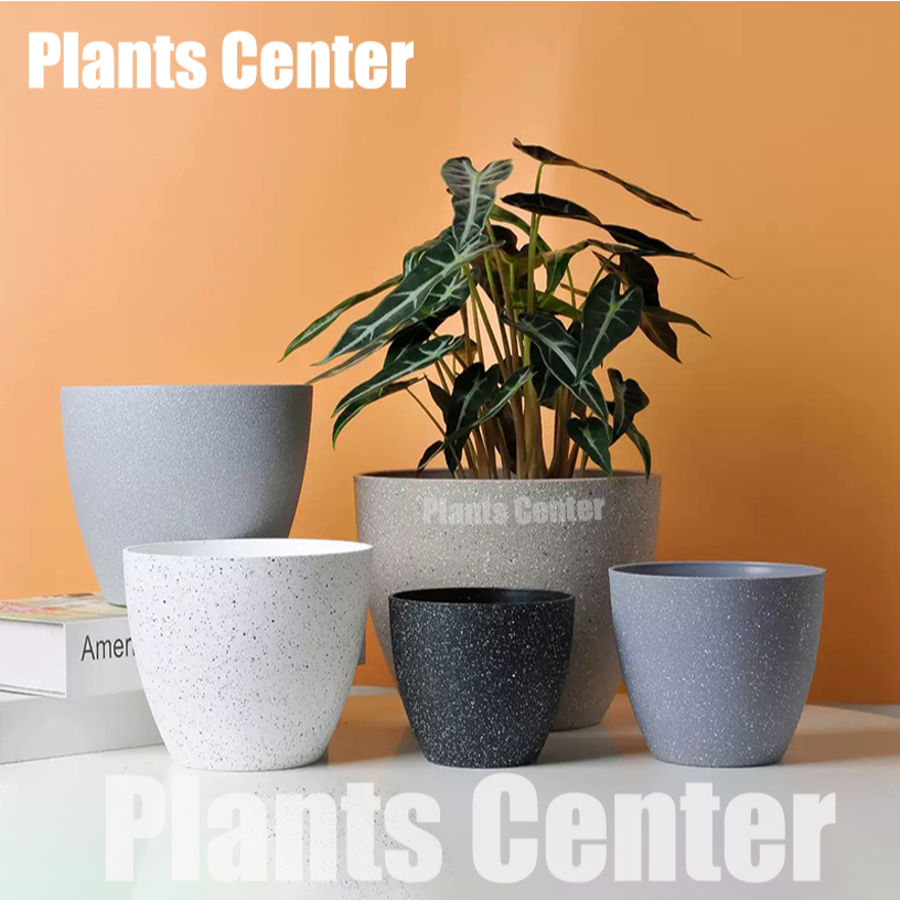 Plants Center T015 กระถางต้นไม้ สไตล์มินิมอล พร้อมถาดรองกระถาง กระถางพลาสติก ลายหินแกรนิต