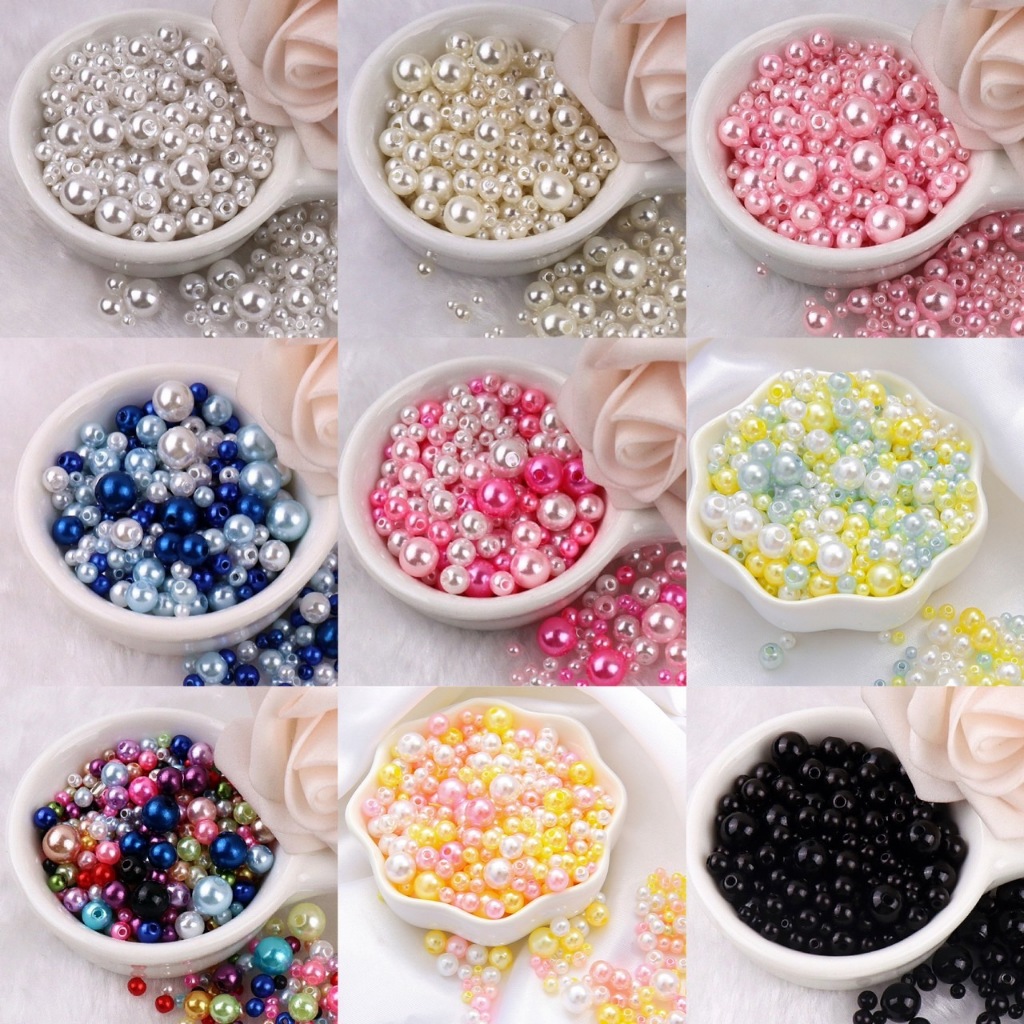 ลูกปัดมุก ABS มีรู คละสี คละขนาด 3-8 mm สำหรับตกแต่งชิ้นงานร้อยสร้อยเครื่องประดับ DIY 12g