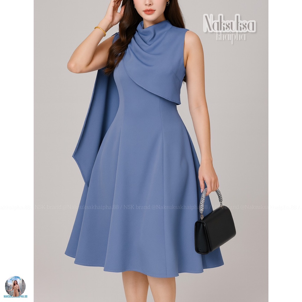 (( PP04 )) รหัส 4044: Dress ชุดเดรส ออกงาน เพื่อนเจ้าสาว ดีเทลแต่งสไบ แขนกุด กระโปรงบานพรางหุ่น NSK 