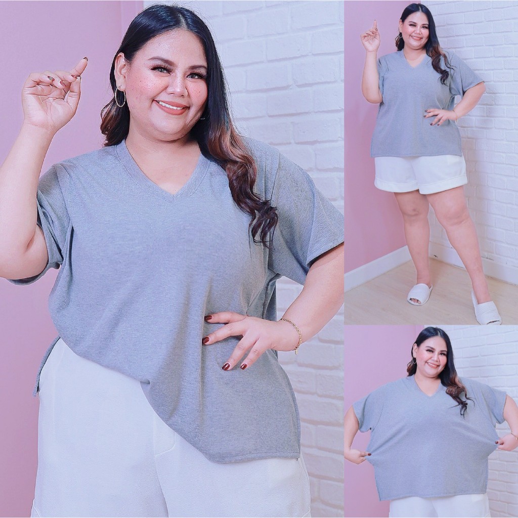 [ ส่งฟรี 🔥 ] A317 เสื้อยืดคอวี เสื้อยืดสาวอวบ เสื้อยืดไซส์ใหญ่ โอเวอร์ไซส์ สาวอวบ คนอ้วน สีพื้น ไซส์ใหญ่ ผ้าร่อง อก 60"