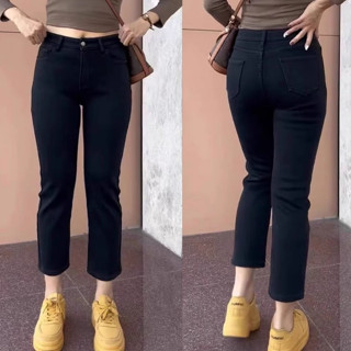 GHAOHES กางเกงยีนส์สีดำผ้ายืด เอวสูง กางเกง9ส่วน ยีนส์ยืดคนอ…