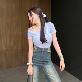 🌈SpinnyHouse🌈เสื้อปาดไหล่แขนสั้น ปาดไหล้ ผ้ายืดตามตัว ผ้าร่องยืดใส่สบาย ใส่ปาดไหล่ได้ทั้งสองข้าง รุ่น สไลเดอร์แขนสั้น