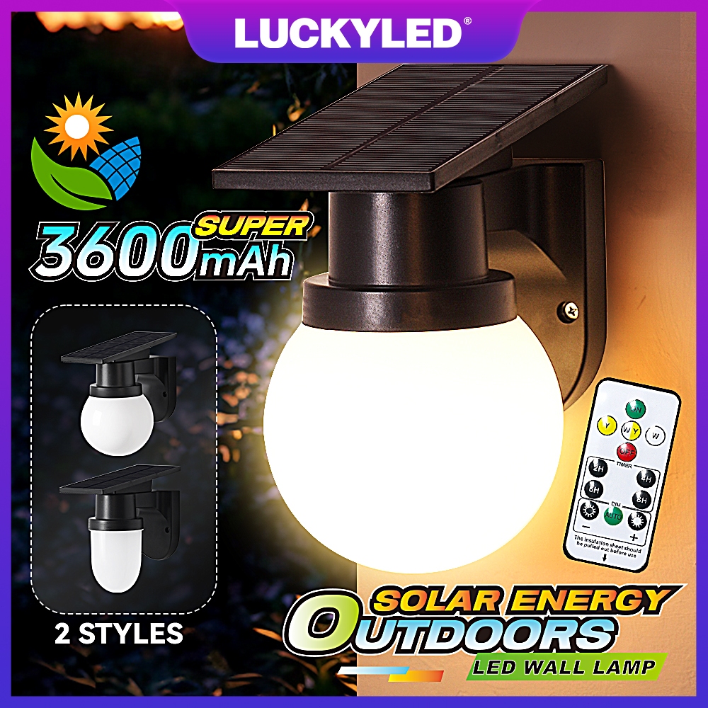 LUCKYLED Solar โคมไฟติดผนัง ไฟโซล่าเซลล์ 3600mAh สว่างค้างคืน เปิด 3 แสง กันน้ำ IP65 โคมไฟกลางแจ้ง