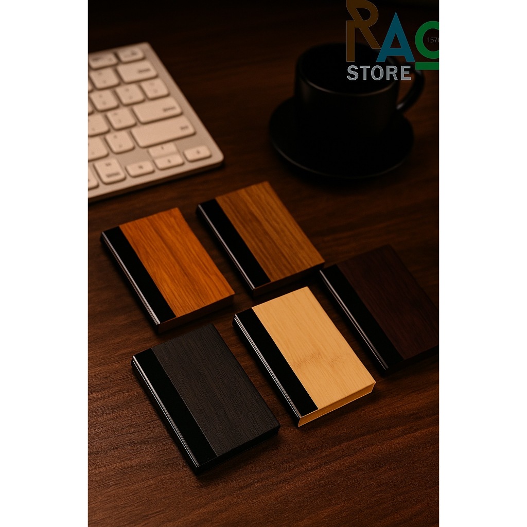 RAO Store กล่องใส่นามบัตร บัตรต่างๆ ที่ใส่นามบัตรสแตนเลส + หนังPUลายไม้ กระเป๋าใส่นามบัตรพกพา Business Card Holder