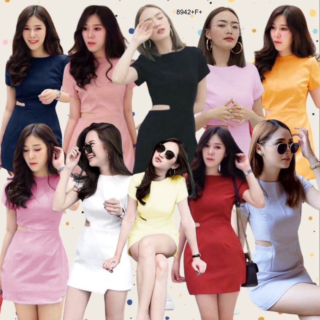 TwinsShopVip พร้อมส่ง TW8942 เดรสคอกลมเว้าเอว