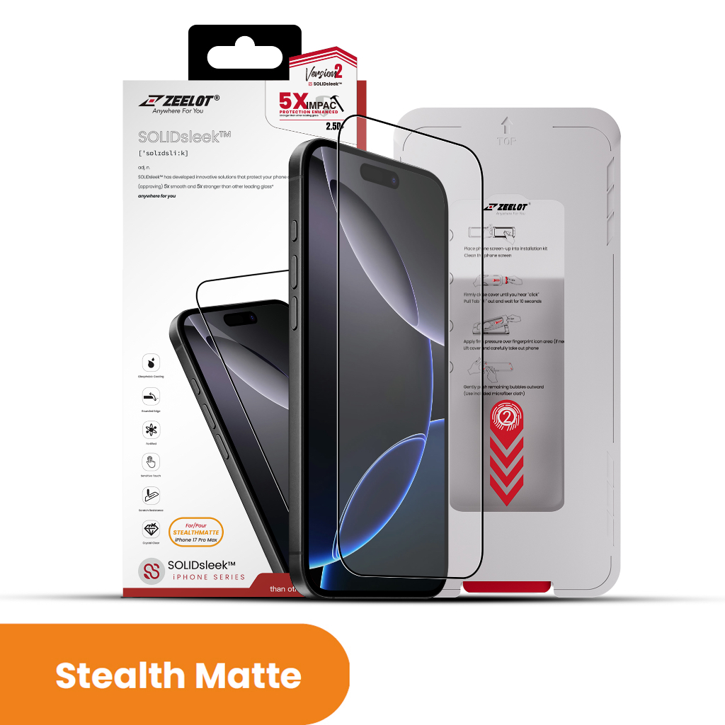 Zeelot SOLIDsleek (with EasyFit Installation Kit) Stealth Matte ฟิล์มกระจกแบบด้าน  iPhone 17  Series