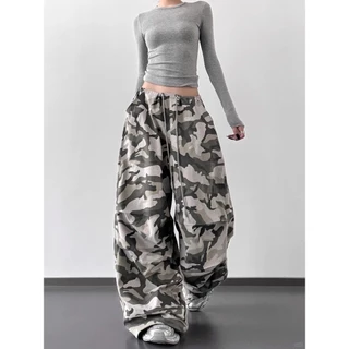 [Summer quick-drying fabric, dance camouflage pants]กางเกงขากว้างลายพรางเต้นรำแจ๊สเอวสูงสำหรับผู้หญิง