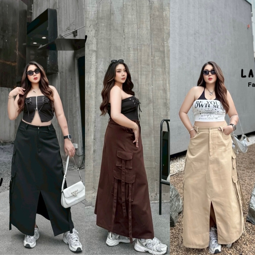 /LD/ กระโปรงยาวคาร์โก้ผ่าหน้า มีไซส์เอว32-50 เอวสม็อคหลัง กระเป๋ากล่องใช้งานได้จริง ผ้าคอตตอนผสมอยู่