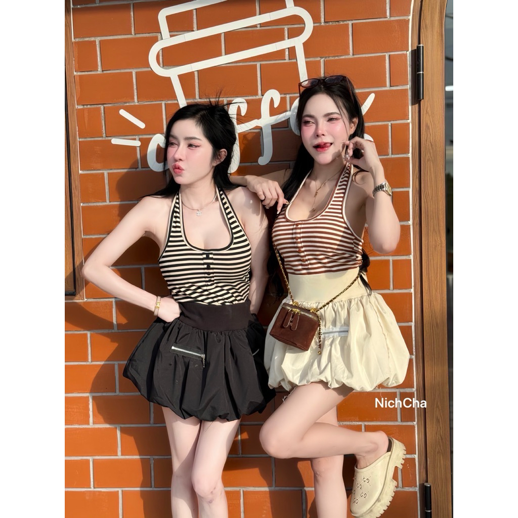 #Nicha ชุดไปคาเฟ่ Set2ชิ้น เสื้อคล้องคอลายริ้ว กระโปรงบอลลูนเอวสูง มีซับกางเกงทรงหวานน่ารัก