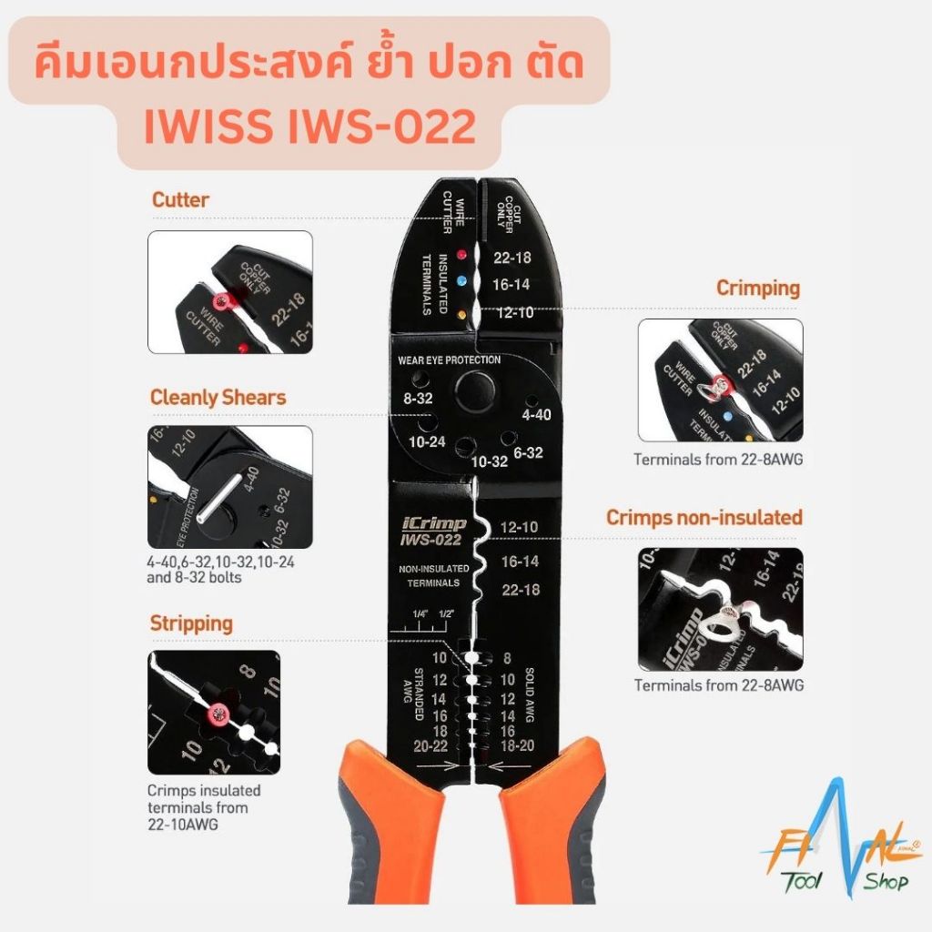 IWISS IWS-022 คีมเอนกประสงค์ ย้ำ ปอก ตัด
