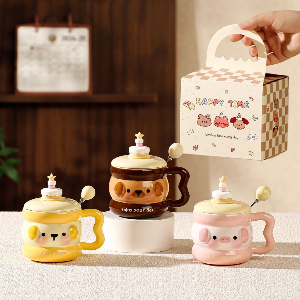 438ฟางคุณภาพสูงเครื่องหมายถ้วยน้ําเซรามิกฝาช้อนกล่องของขวัญน่ารักของขวัญวันเกิดสร้างสรรค์