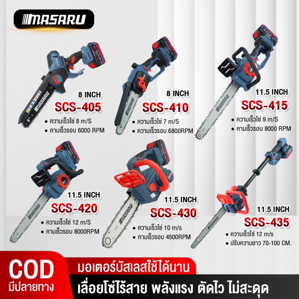 Masaru เลื่อยโซ่ไฟฟ้าไร้สาย SCS-405/410/415/420/430/435 เลื่อยไฟฟ้า เลื่อยโซ่ 8/11.5 นิ้ว
