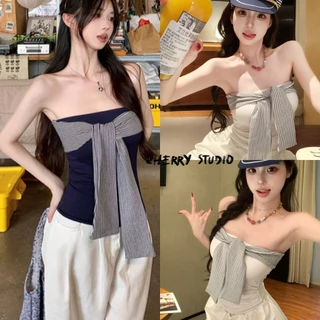 Cherry พร้อมส่ง☔️เสื้อเกาะอกผู้หญิง สีพื้น แขนกุด เสื้อครอปทรงรัดรูป ดีไซน์เชื่อกผูกหน้าอ เซ็กซี่แฟชั่นY2K สไตล์อเมริกัน