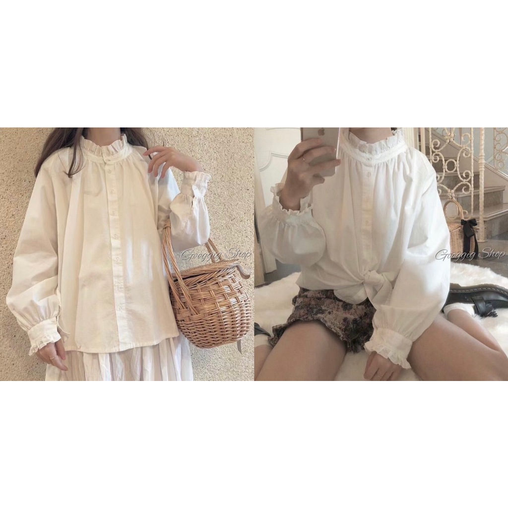 เสื้อคอจีบระบายน่ารักๆ ดีเทลตรงคอและปลายแขนสวยมาก