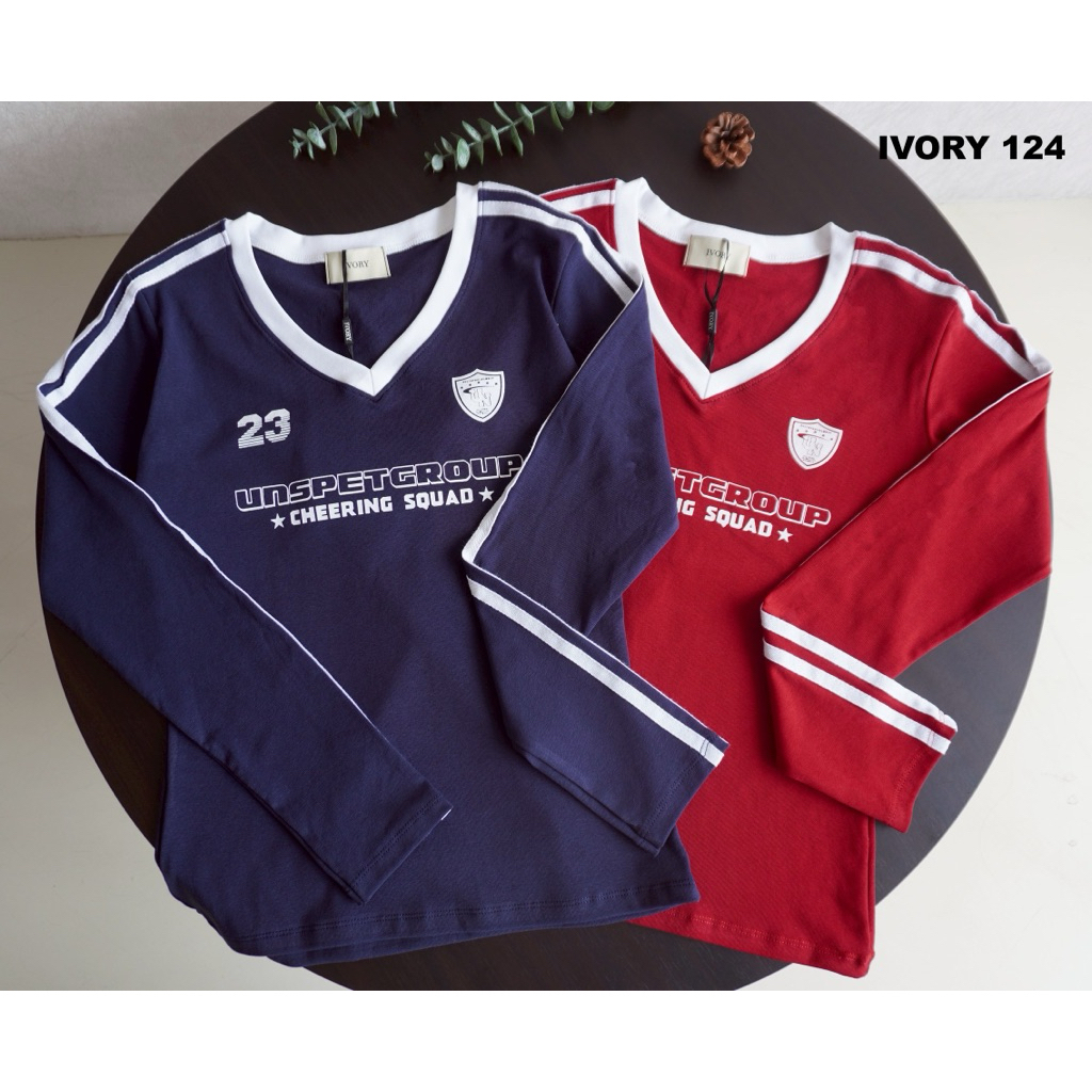 VV873- IVORY เสื้อยืดแฟชั่นคอวี แขนยาว งานสกรีน  ตีแถบแขน ผ้ายูนิโคล่ - รูปที่ 2