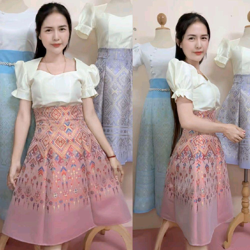 กระโปรงทรงย้วยยาว26นิ้วผ้าทอไหมแกมฝ้ายชายสีพื้น เอวสูง