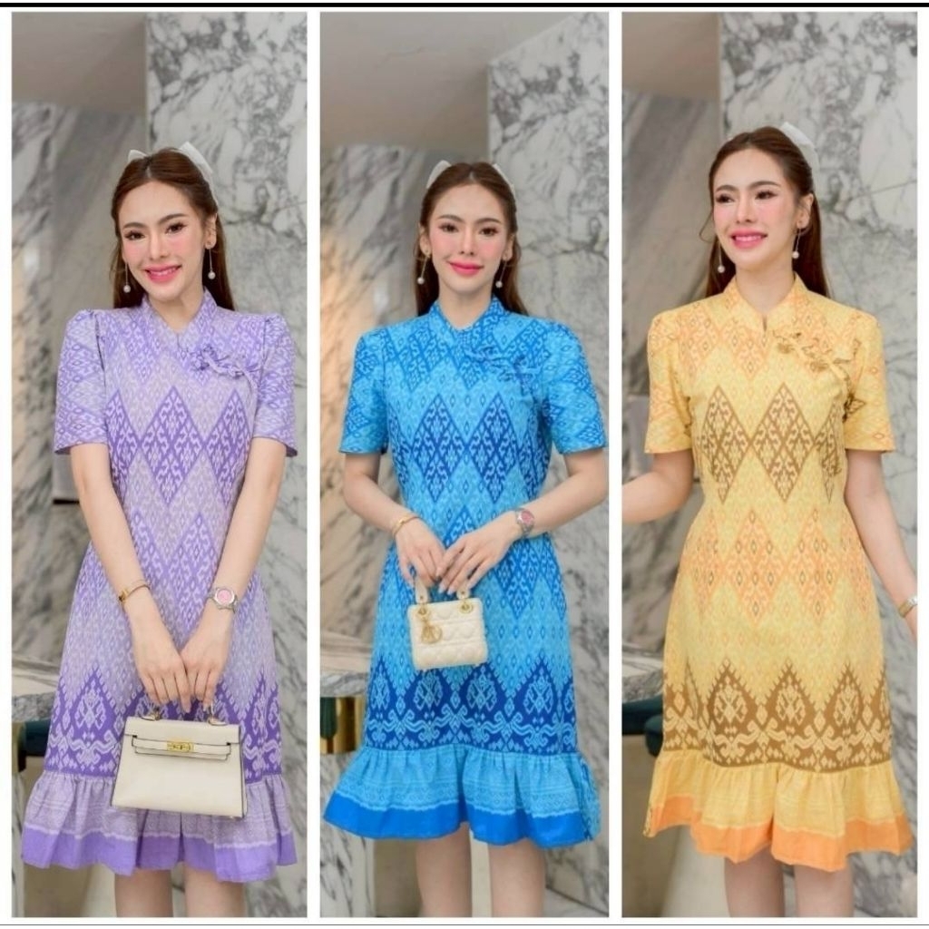 เดรสผ้าไทยคอจีน แบบสวมหัวมีสายรัดด้านหลัง