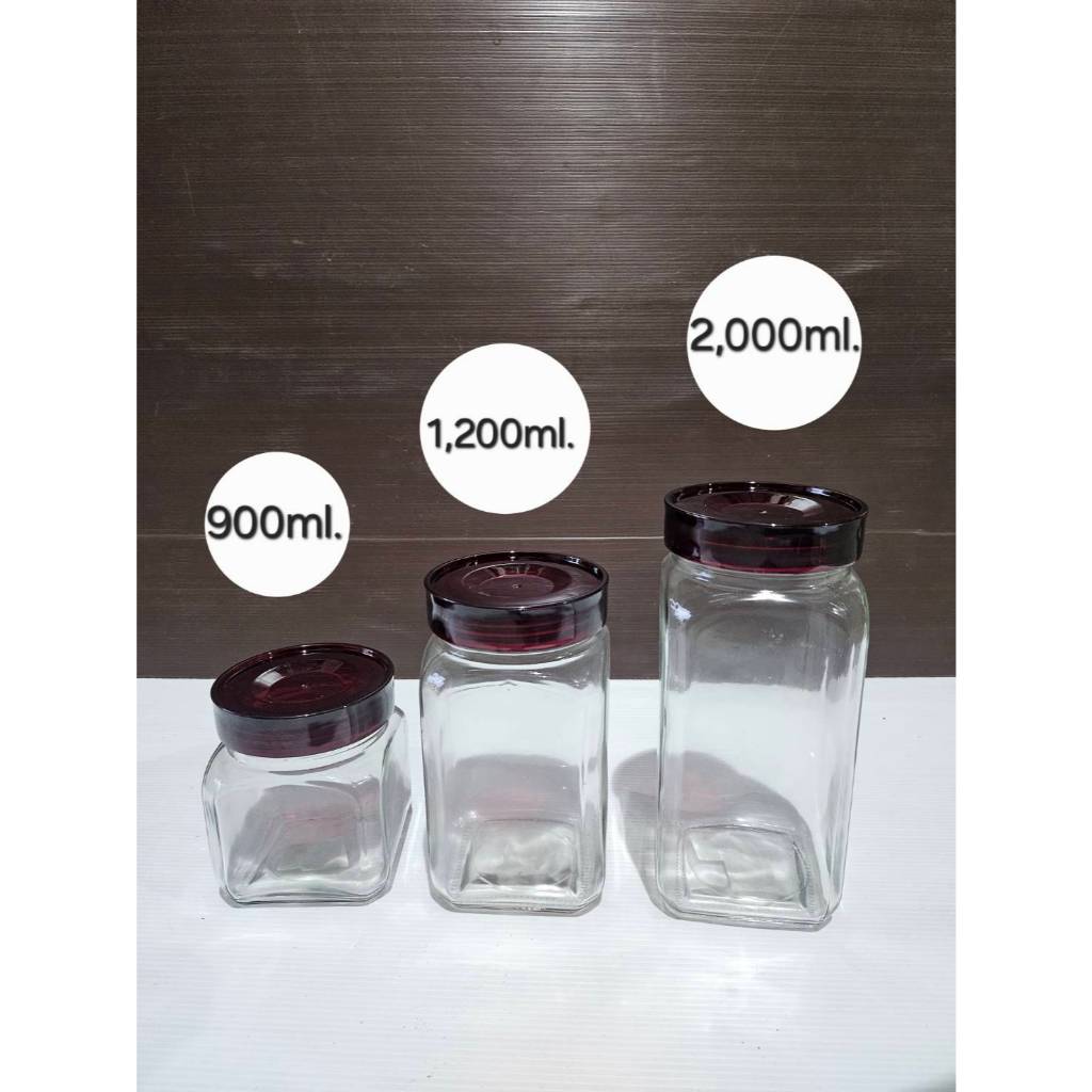 โหลแก้วใสทรงสี่เหลี่ยมฝาเกลียวสีน้ำตาล สำหรับ คุกกี้ ธัญพืช กาแฟ อื่นๆ ขนาด 900 ml/1,200 ml/2,000 ml. (ส่งจากไทย)