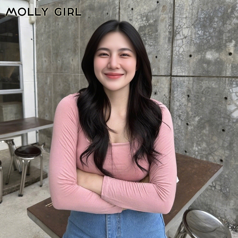 Mollygirl ครอปแขนยาว เสื้อคอเหลี่ยม ผ้าเรย่อน2ชั้น 220g สาวอวบใส่ได้ ยืดได้เยอะม้าก ยืดเยอะมาก รุ่น เสื้อครอปแขนยาว