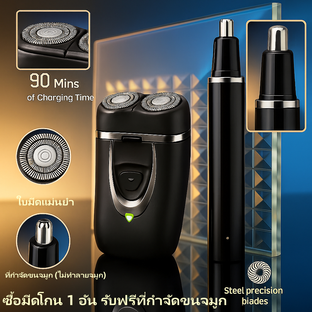 ชุดเครื่องโกนหนวดไฟฟ้าแบบพกพาพร้อมที่กำจัดขนจมูก พร้อมหัวเซ็นเซอร์อัตโนมัติเพื่อการกำจัดขนอย่างอ่อนโยน กันน้ำได้ 100% เห