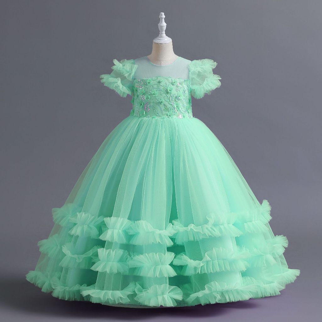 i18 เดรสยาวแขนสั้นชายระบาย พร้อมส่งจากไทย