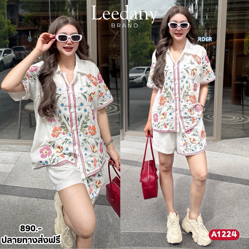 A1224 ชุดเซทเสื้อ + กางเกงขาสั้น ลินิน ปักดอกไม้คอสติส ป้าย LDN