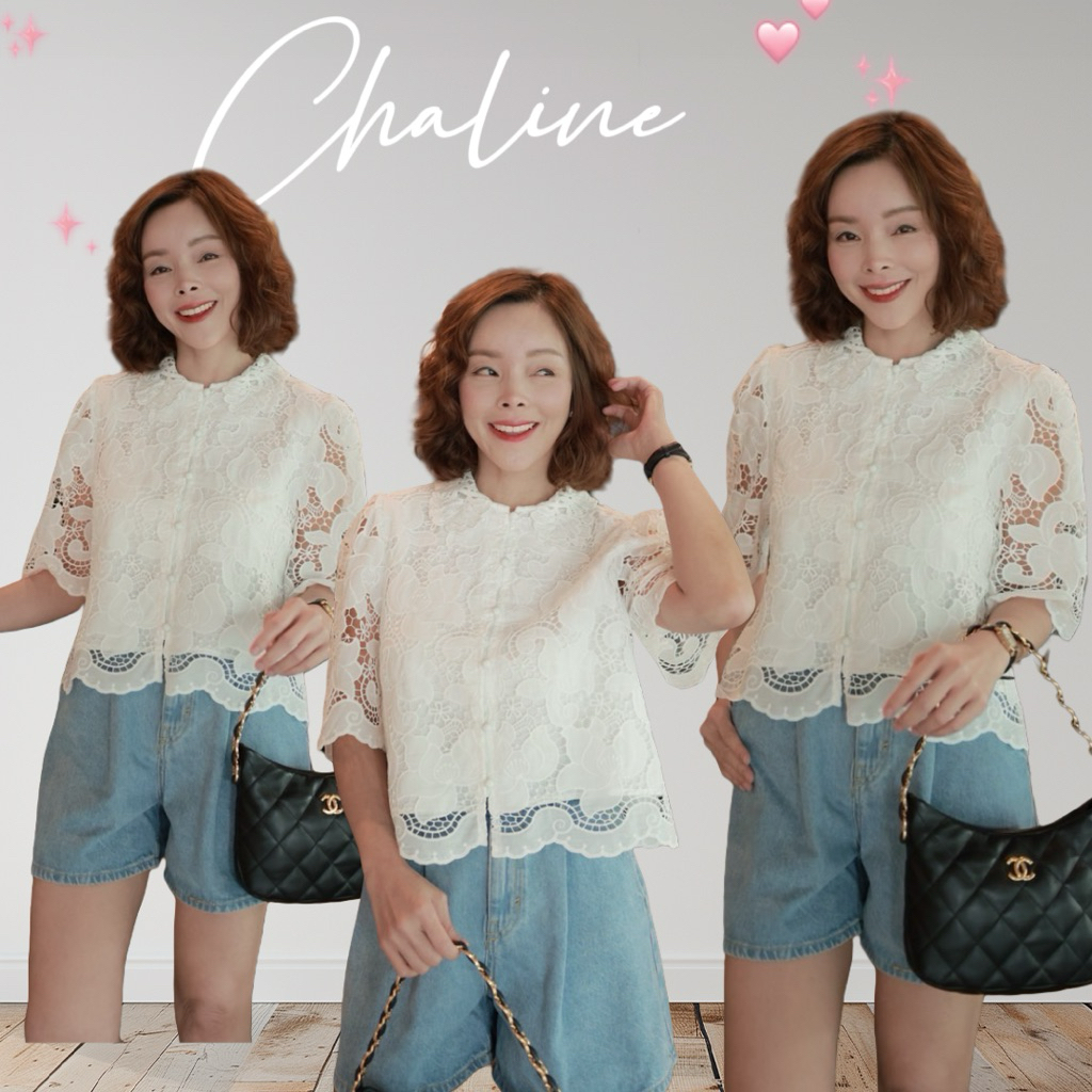 [ส่งเร็ว] Chaline • เสื้อแขนสั้น เข้าใหม่ เนื้อผ้าลูกไม้คอตตอนฉลุลายสวยงามทั้งตัว