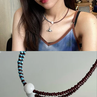 ส่งด่วน! two tone bead ball stone สร้อยคอลูกปัด จี้หินแท้ มินิมอล คู่สีสวย | ourweekend.stuff