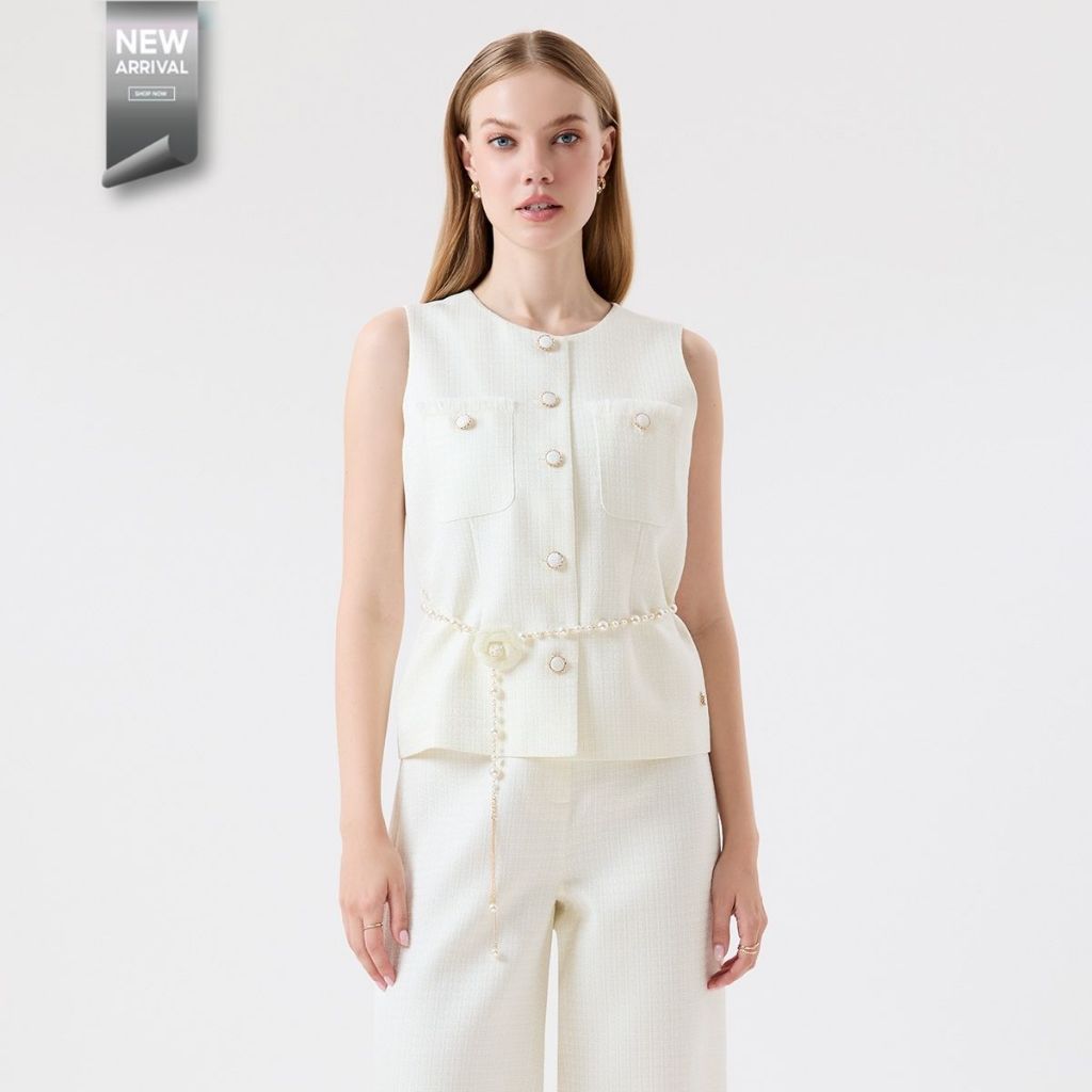 ESPADA เสื้อเบลาส์แขนกุด ผ้าทวีต ผู้หญิง สีไอเวอรี่ | Tweed Sleeveless Blouse | 04874