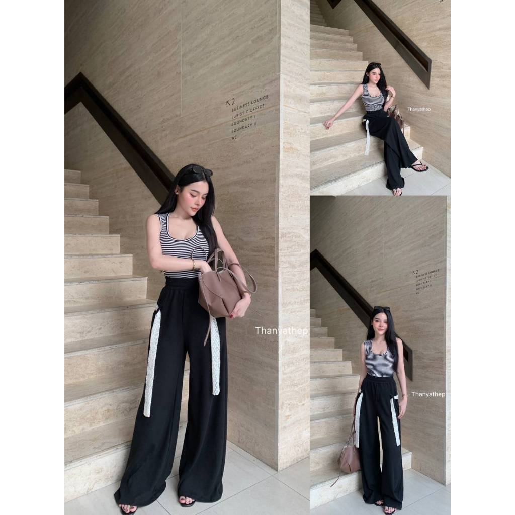 【THANYATHEP】 TYT 514 เซท3ชิ้น งานสวยเกินไปมากค่าาา เสื้อลายริ้วคอยู ดีเทลเป๊ะปัง มาพร้อมกกางเกงขายาว