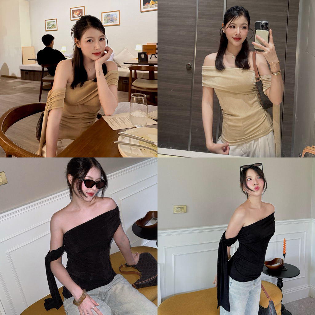 M112- Olive เสื้อเปิดไหล่ข้างเดียวดีเทลปล่อยชายผ้าพริ้วๆผ้าว๊ิง
