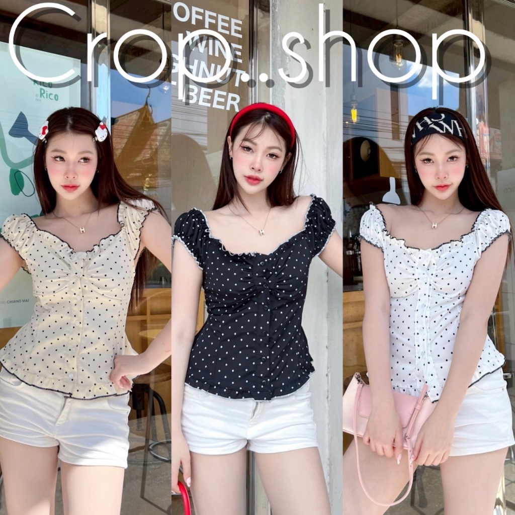 crop..shop เสื้อกล้ามงานเก๊ คุณหนูสุด ลายจุด น่ารักมากก เเต่งขอบเพิ่มความเก๊ ใส่ง่ายไปได้ทุกที่จ้า