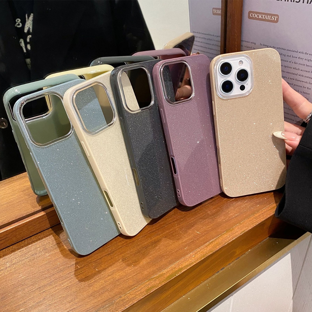 เคสโทรศัพท์กลิตเตอร์สีลูกกวาดเกาหลีสำหรับ iPhone 11 13 14 15 12 16 Pro Max ฝาหลังสีทึบเรียบง่ายป้องกันการตก
