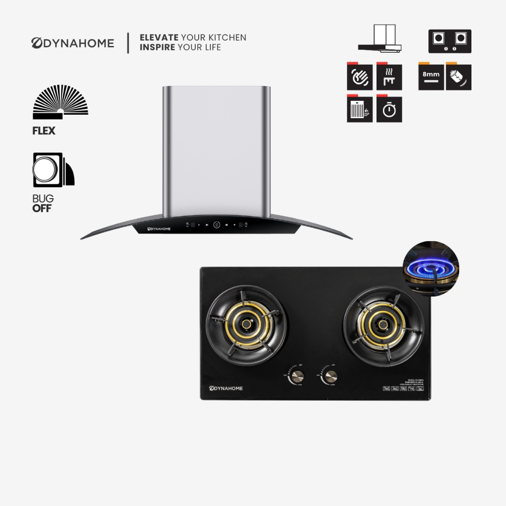 DYNAHOME ชุด SET เครื่องดูดควัน+เตาแก๊สแบบฝังหน้ากระจก รุ่น  DH-219-9S+DH-2BDG