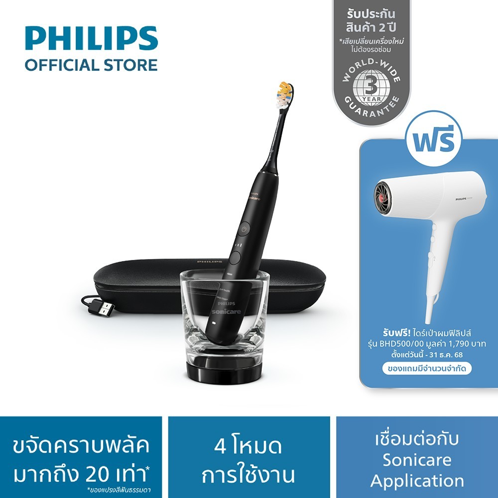 Philips Sonicare ฟิลิปส์ แปรงสีฟันไฟฟ้า DiamondClean รุ่น HX9914_75 (สีดำ) และ HX9914_76 (สีชมพู)