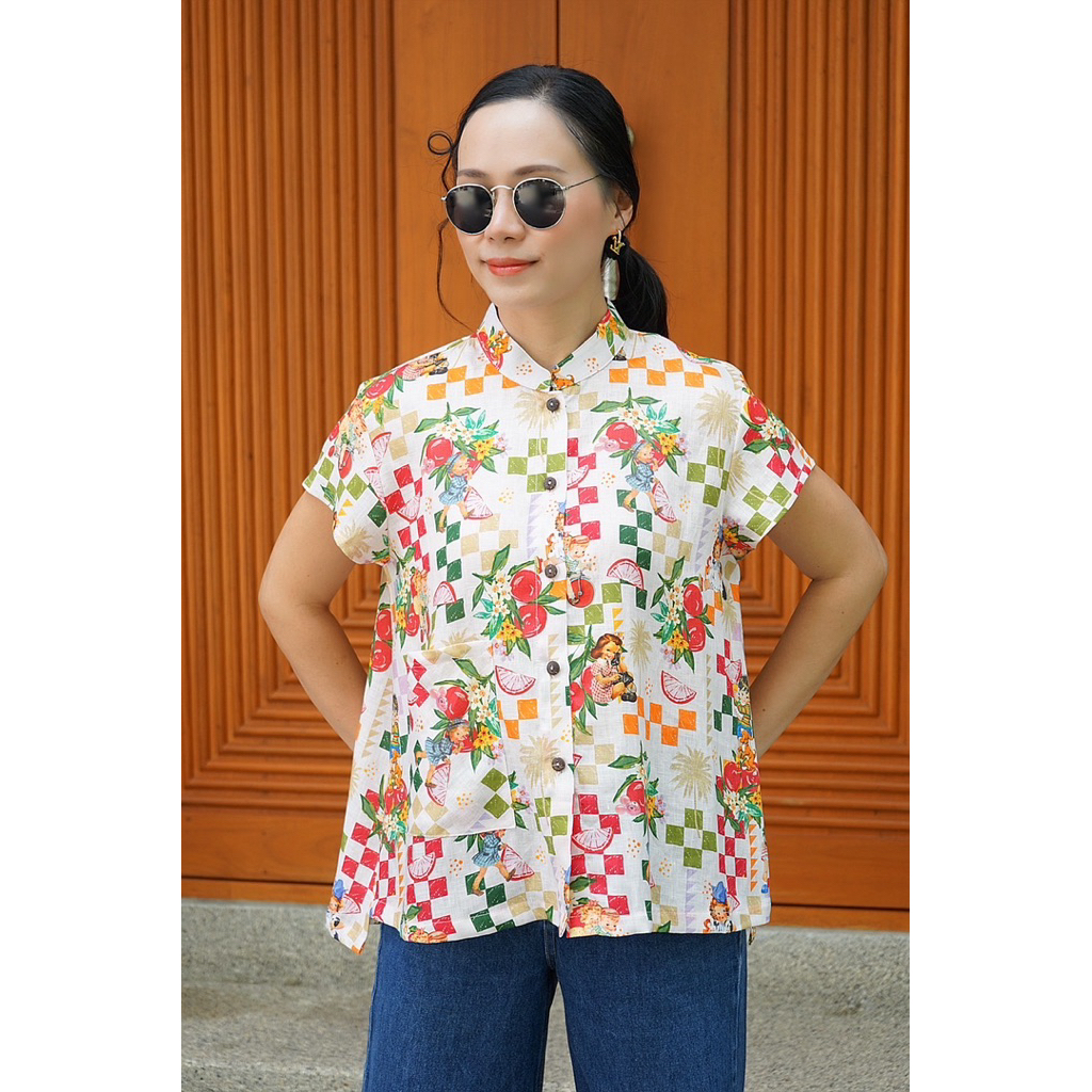 🫟 5th Jan เสื้อเชิ้ต คอจีน แขนสั้น กระดุมผ่าหน้า กระเป๋าแปะล่าง หน้าสั้น-หลังยาว ผ้าลินินแท้ 100% พิ