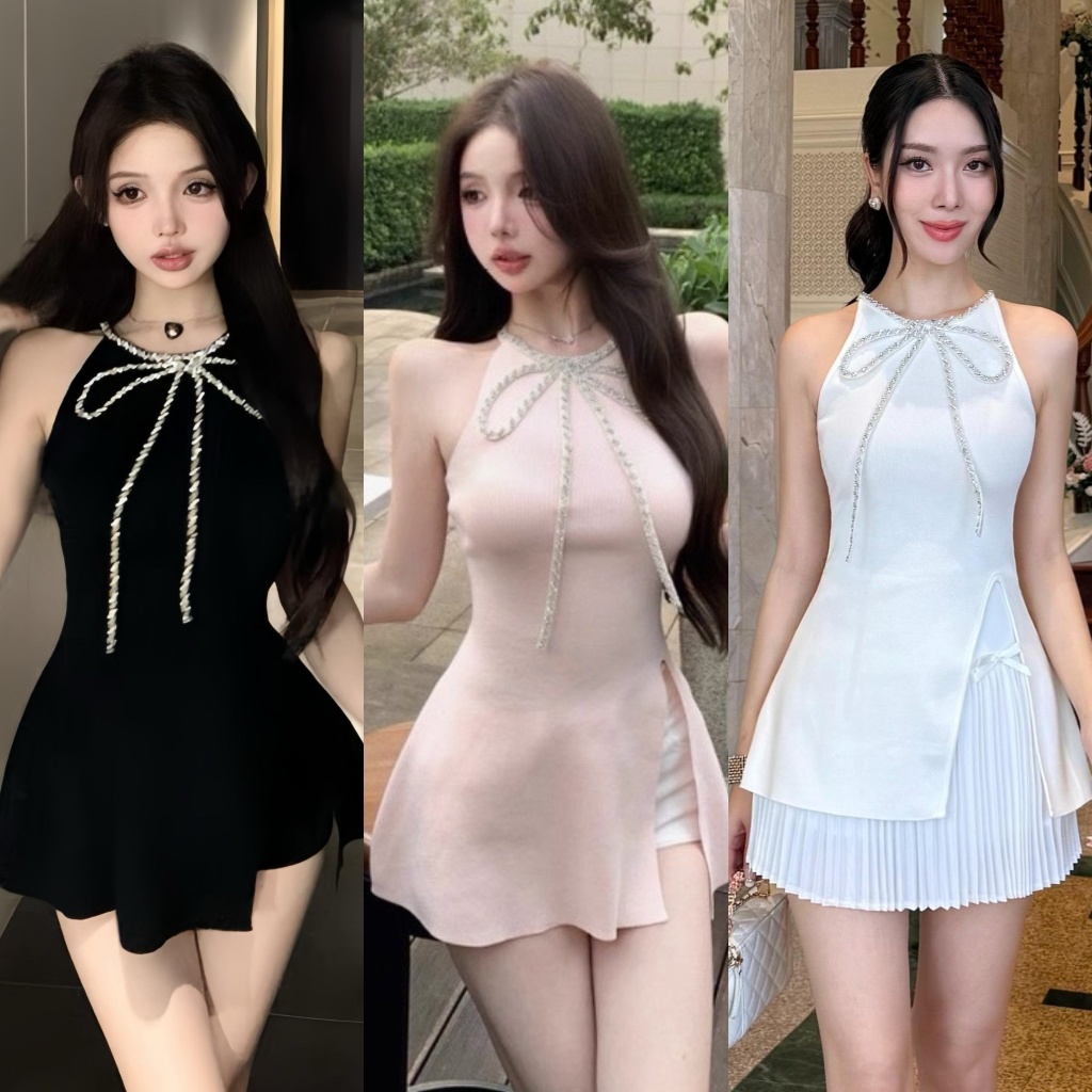 พร้อมส่ง Rose 76 ชุดเวียดนาม SET เสื้อแต่งเพชรรูปโบว์ + กระโปรง ใส่เที่ยว ออกเดท คาเฟ่