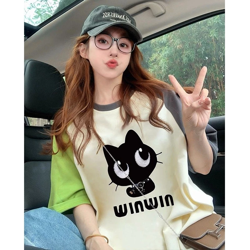 เสื้อยืดสวยๆผู้หญิงลายการ์ตูนน่ารักๆ oversize เสื้อผ้าสาวอวบไซซ์ใหญ่ แฟชั่น เสื้อโอเวอร์ไซส์เกาหลี ไหล่สโลป ทูโทน มาใหม่